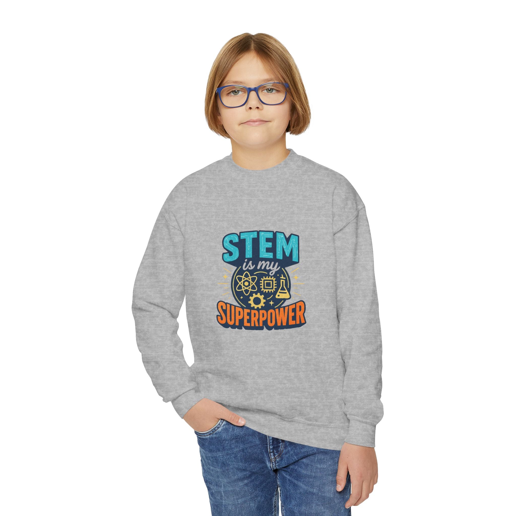 STEM Is My Superpower Youth Crewneck Sweatshirt | Science Engineering Math