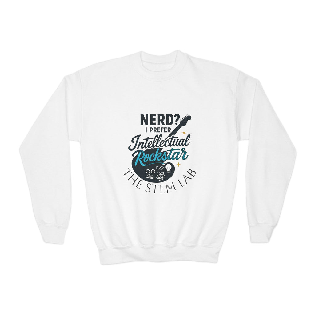 Youth Crewneck Sweatshirt — "Nerd? I Prefer Intellectual Rockstar"
