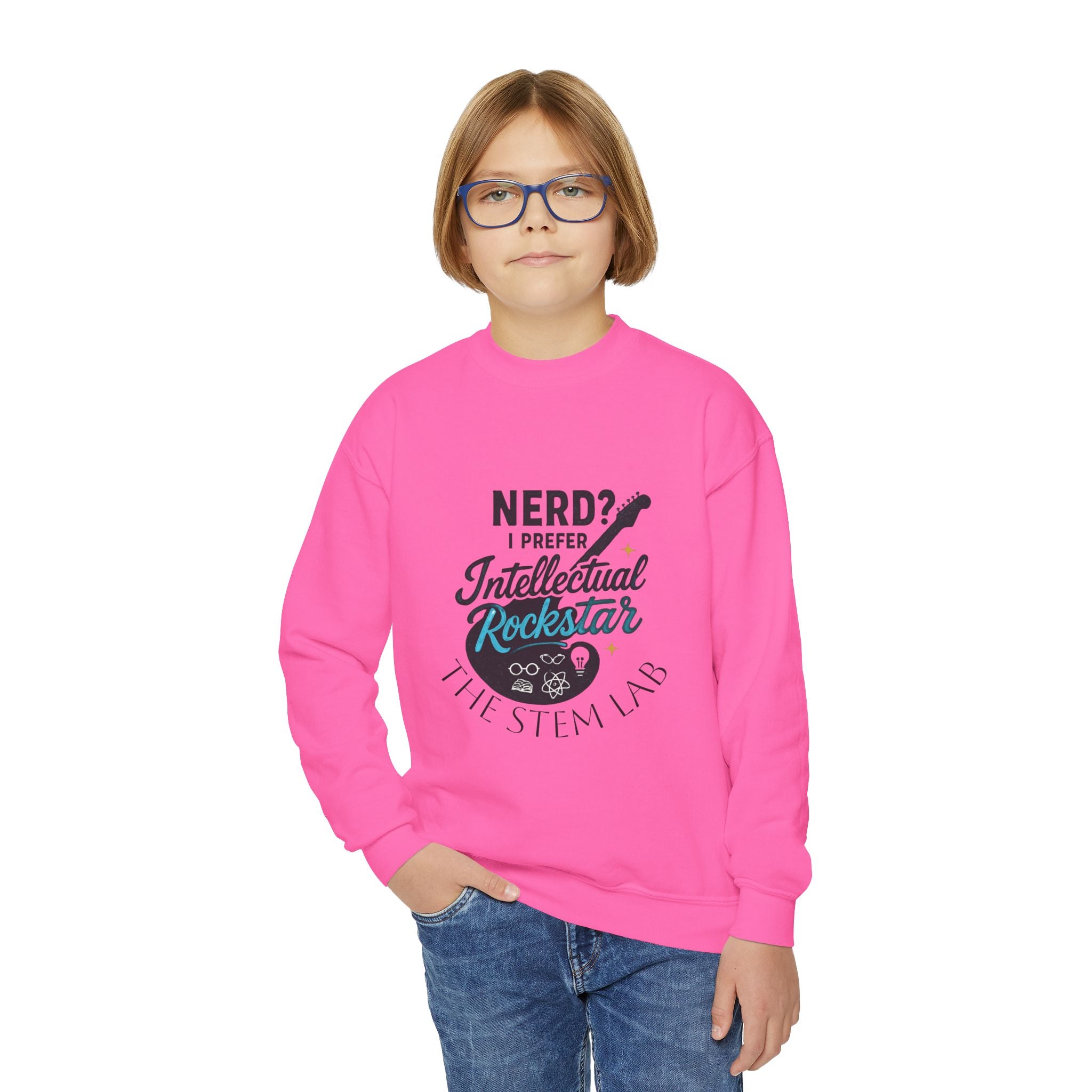Youth Crewneck Sweatshirt — "Nerd? I Prefer Intellectual Rockstar"