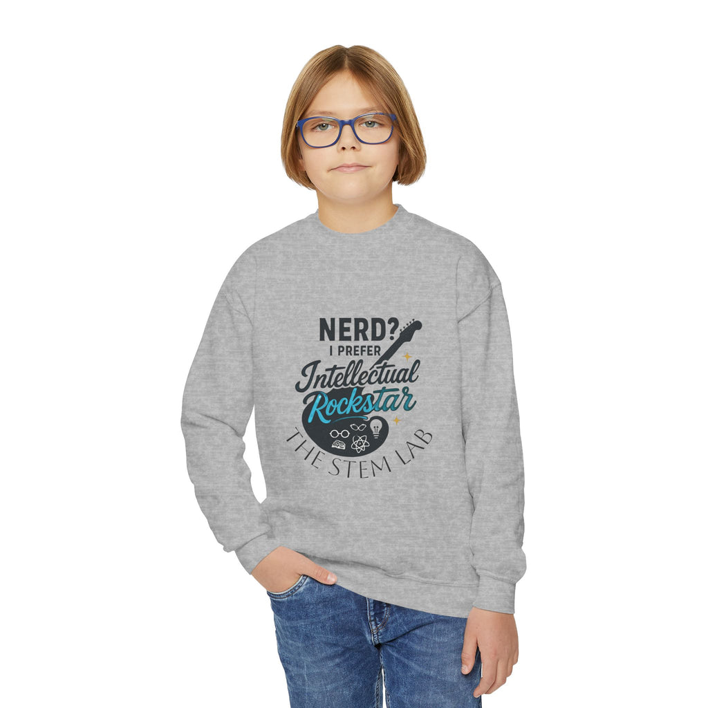 Youth Crewneck Sweatshirt — "Nerd? I Prefer Intellectual Rockstar"