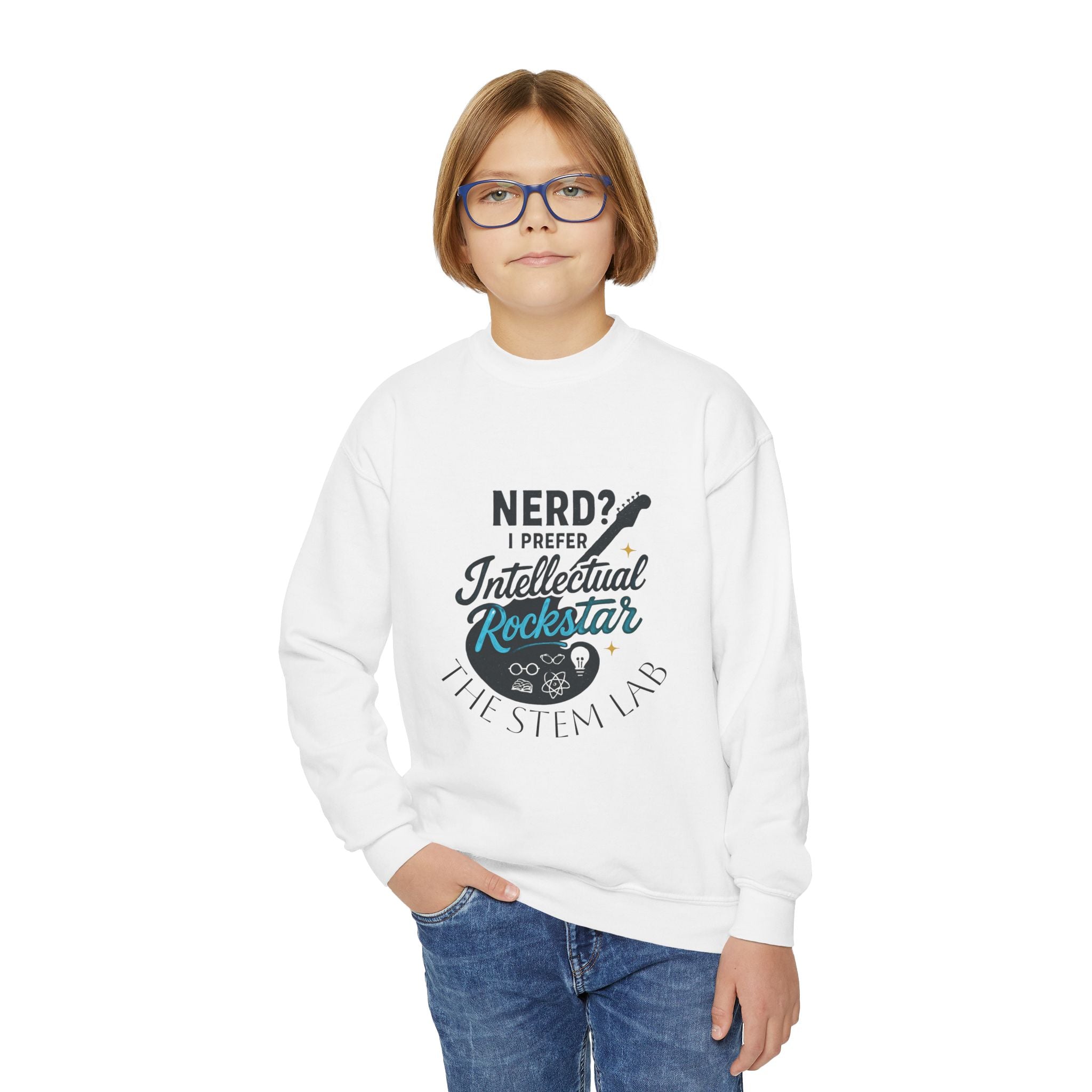 Youth Crewneck Sweatshirt — "Nerd? I Prefer Intellectual Rockstar"